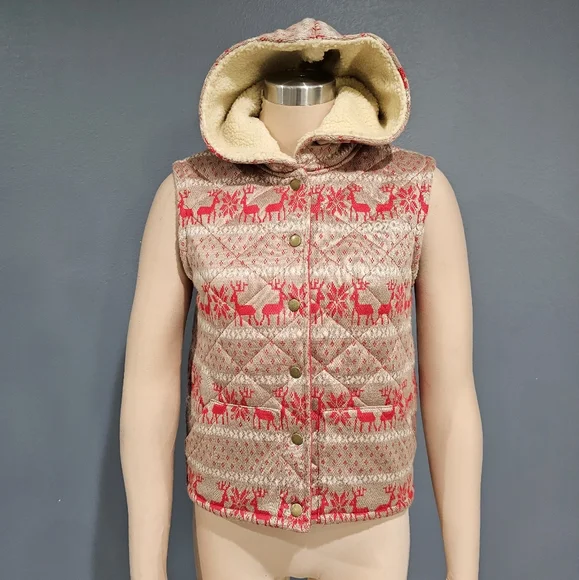 FREE PEOPLE Women Fair Isle Reindeer Hooded Quilted Red Beige Vest S - Picture 1 of 8
